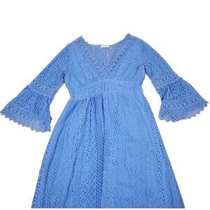 Bohoemian Blue Lace-like Dress Fits Sz M-L Maxi Bell Sleeve Cottagecore Beach
